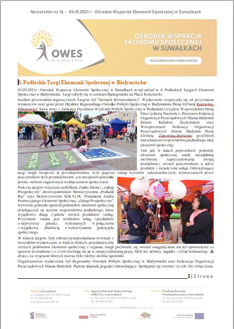Okładka Newsletter nr 16 - 04.10.2021 r.