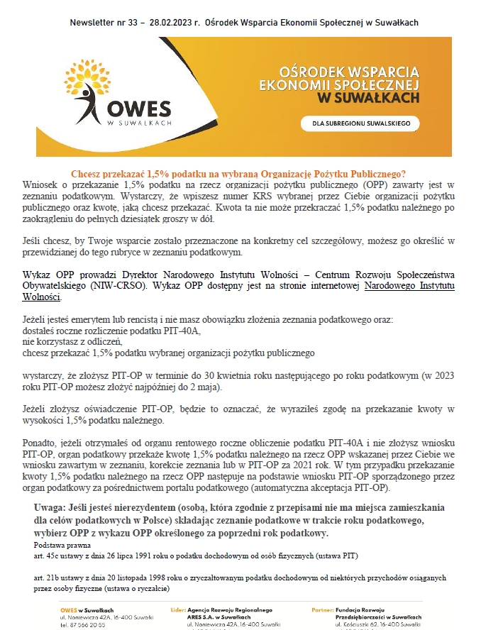 Okładka Newsletter nr 33 - 01.03.2023 r.